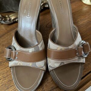 Coach Tan and Brown Mules with Buckle Detail